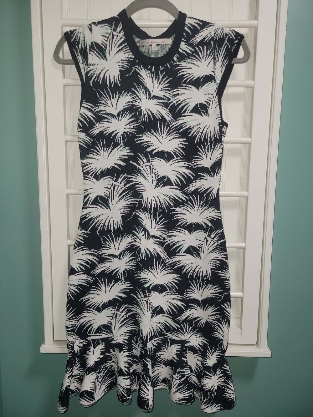 Rachel Roy Sleeveless Navy and White Palm-Print Knit Midi Dress Size Medium